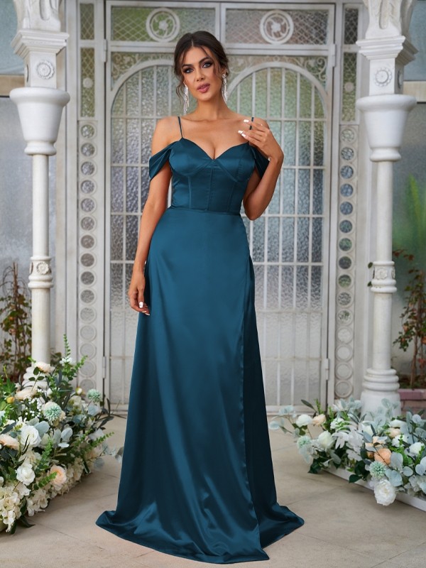 A-Line/Princess Silk like Satin Ruched Sweetheart Sleeveless Sweep/Brush Train Bridesmaid Dresses 2473