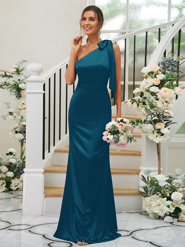 Sheath/Column Silk like Satin Bowknot One-Shoulder Sleeveless Floor-Length Bridesmaid Dresses 3052