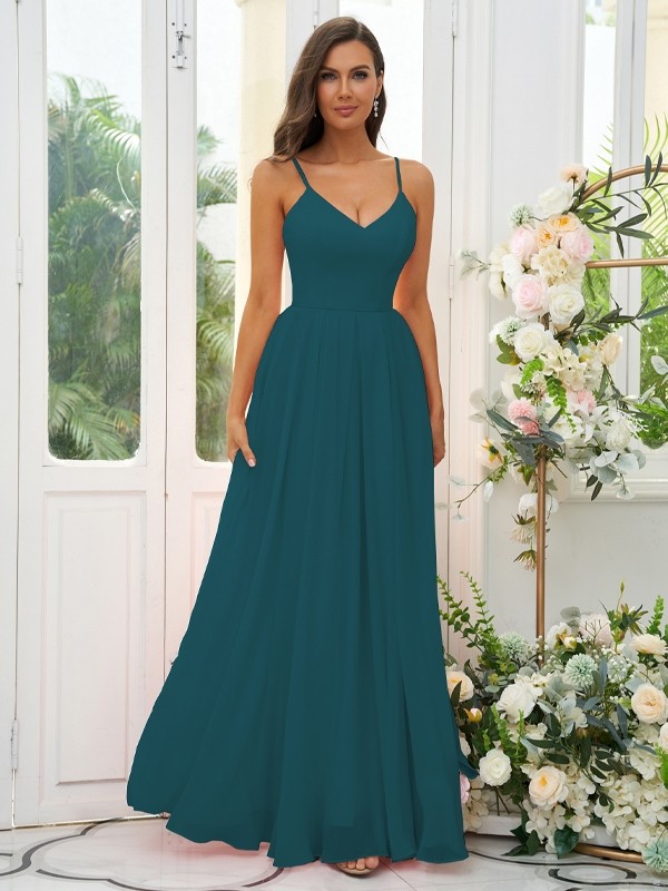 A-Line/Princess Chiffon Ruffles V-neck Sleeveless Floor-Length Bridesmaid Dresses 2241