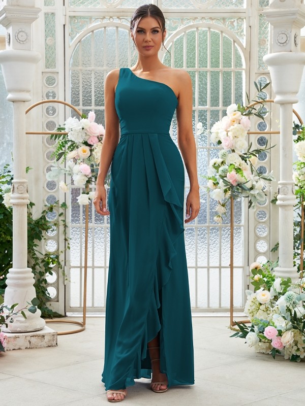 Sheath/Column Chiffon Ruffles One-Shoulder Sleeveless Floor-Length Bridesmaid Dresses 2914