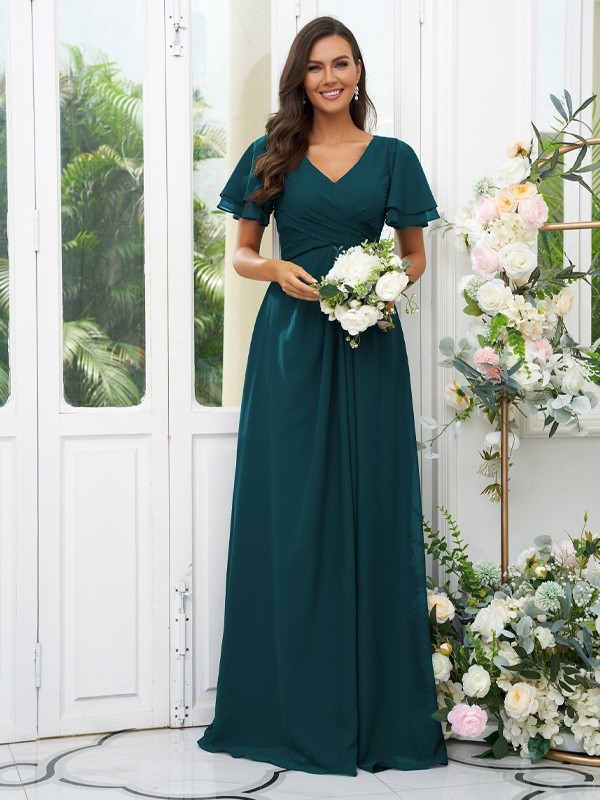 A-Line/Princess Chiffon Ruffles V-neck Short Sleeves Floor-Length Bridesmaid Dresses 2225