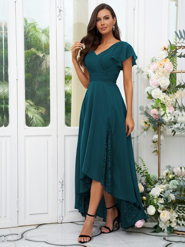 A-Line/Princess Chiffon Lace V-neck Short Sleeves Asymmetrical Bridesmaid Dresses 2151