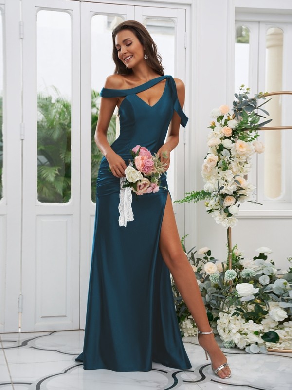 Sheath/Column Polyester Ruched Off-the-Shoulder Sleeveless Sweep/Brush Train Bridesmaid Dresses 2881