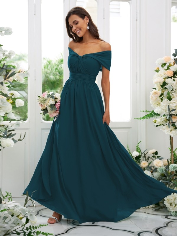 A-Line/Princess Chiffon Ruched Off-the-Shoulder Sleeveless Floor-Length Bridesmaid Dresses 2156