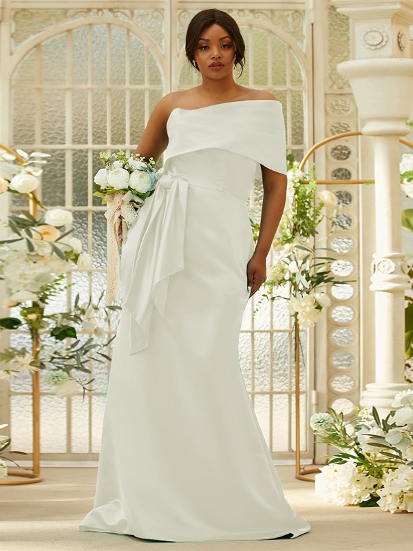 Sheath/Column Satin Ruched One-Shoulder Sleeveless Sweep/Brush Train Bridesmaid Dresses 3022