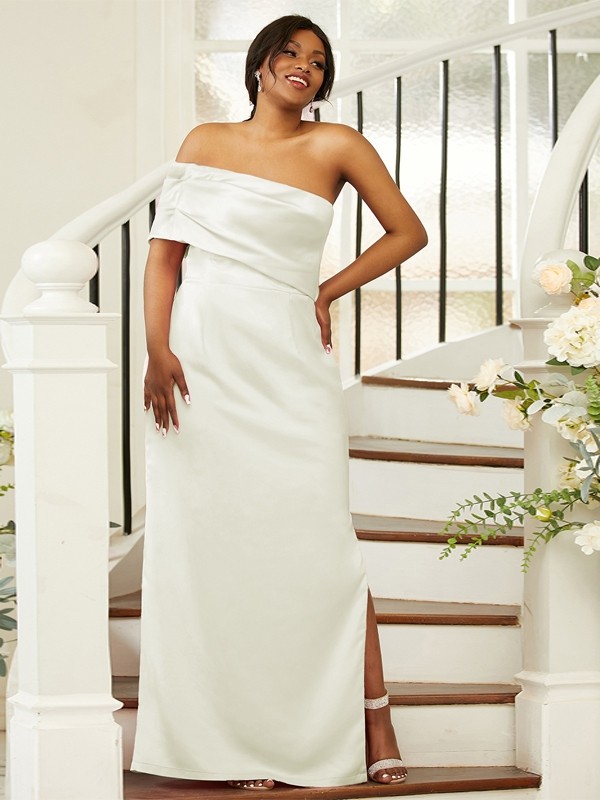 Sheath/Column Satin Ruched One-Shoulder Sleeveless Floor-Length Bridesmaid Dresses 3020