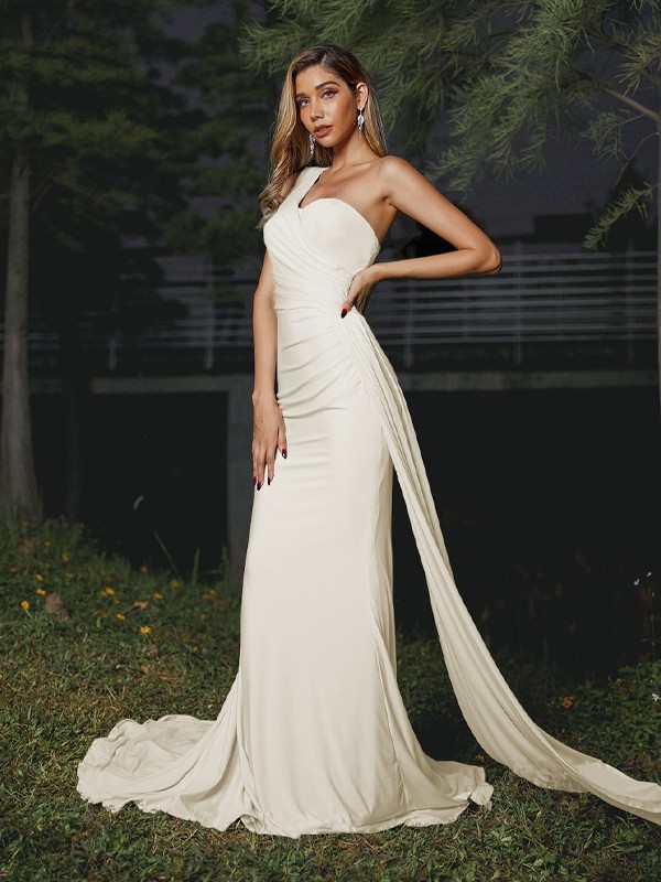 Sheath/Column Jersey Ruched One-Shoulder Sleeveless Sweep/Brush Train Bridesmaid Dresses 2963