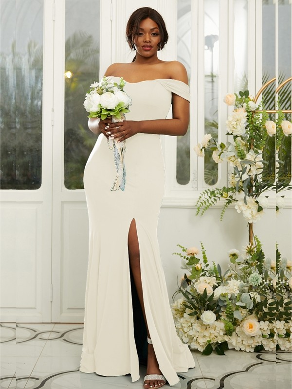 Sheath/Column Jersey Ruffles Off-the-Shoulder Sleeveless Sweep/Brush Train Bridesmaid Dresses 2969