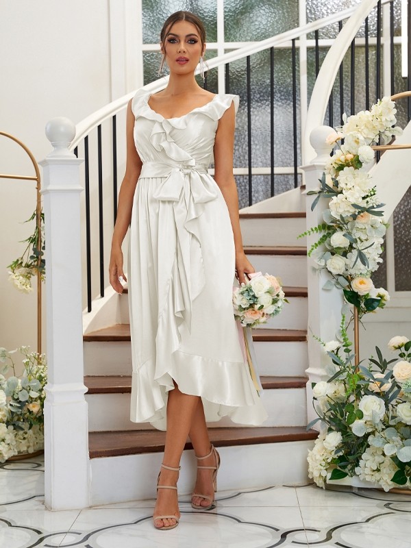 A-Line/Princess Silk like Satin Ruffles V-neck Sleeveless Tea-Length Bridesmaid Dresses 2496