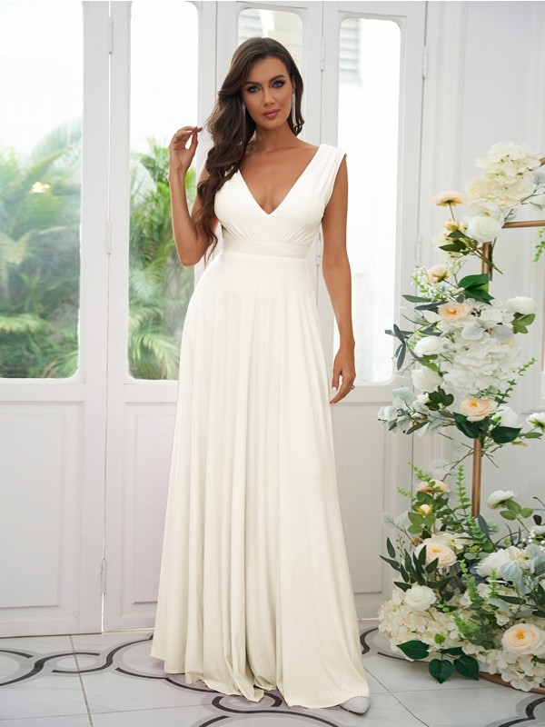 A-Line/Princess Jersey Ruffles V-neck Sleeveless Floor-Length Bridesmaid Dresses 2330