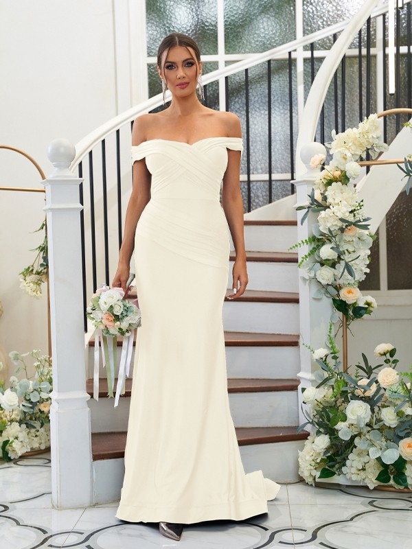 Sheath/Column Jersey Ruched Off-the-Shoulder Sleeveless Sweep/Brush Train Bridesmaid Dresses 2959