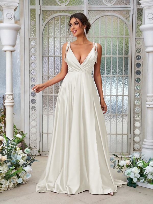 A-Line/Princess Silk like Satin Ruffles V-neck Sleeveless Sweep/Brush Train Bridesmaid Dresses 2494