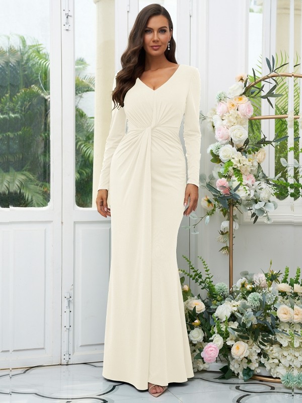 Sheath/Column Jersey Ruched V-neck Long Sleeves Floor-Length Bridesmaid Dresses 2966