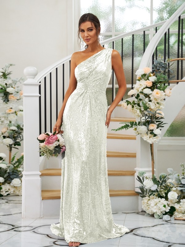 Sheath/Column Sequins Ruched One-Shoulder Sleeveless Sweep/Brush Train Bridesmaid Dresses 3042