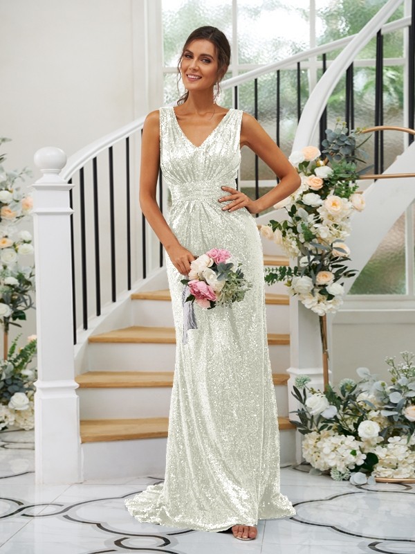 Sheath/Column Sequins Ruched V-neck Sleeveless Sweep/Brush Train Bridesmaid Dresses 3048