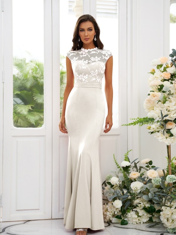 Trumpet/Mermaid Stretch Crepe Applique High Neck Sleeveless Floor-Length Bridesmaid Dresses 3243