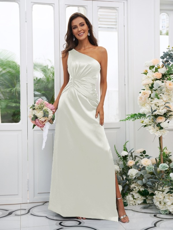 Sheath/Column Elastic Woven Satin Ruched One-Shoulder Sleeveless Floor-Length Bridesmaid Dresses 2922