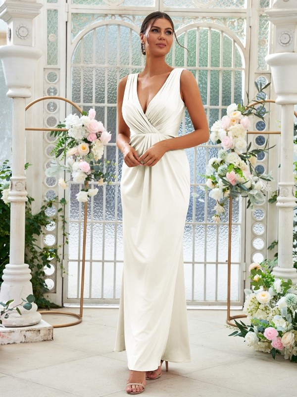 Sheath/Column Jersey Ruched V-neck Sleeveless Floor-Length Bridesmaid Dresses 2967