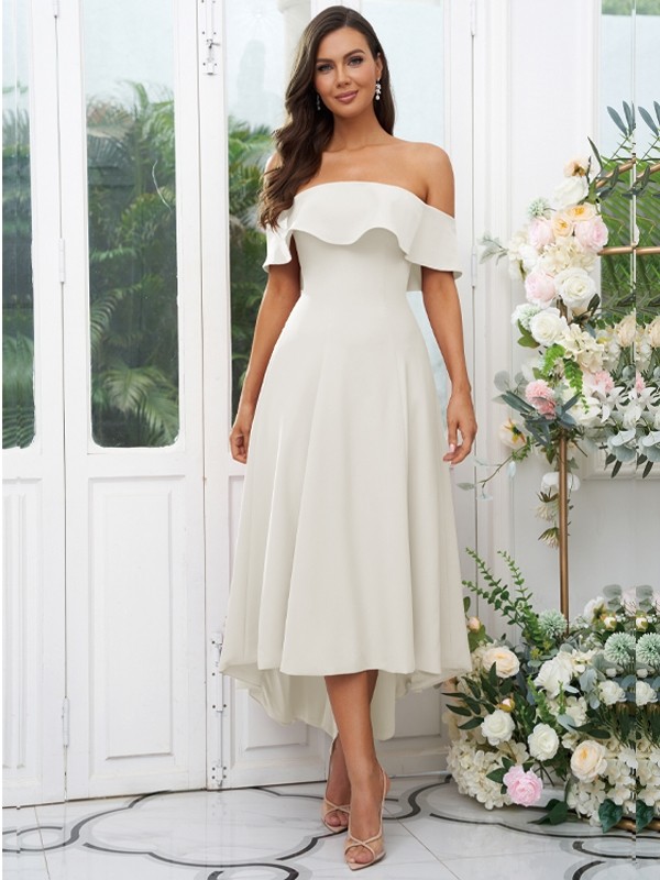 A-Line/Princess Stretch Crepe Ruffles Off-the-Shoulder Sleeveless Asymmetrical Bridesmaid Dresses 2662