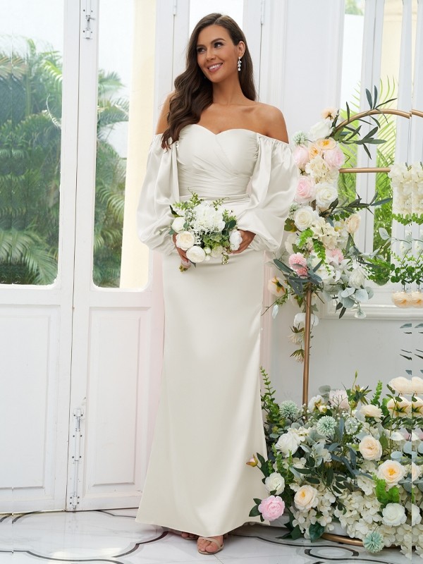 Sheath/Column Silk like Satin Ruched Off-the-Shoulder Long Sleeves Floor-Length Bridesmaid Dresses 3054