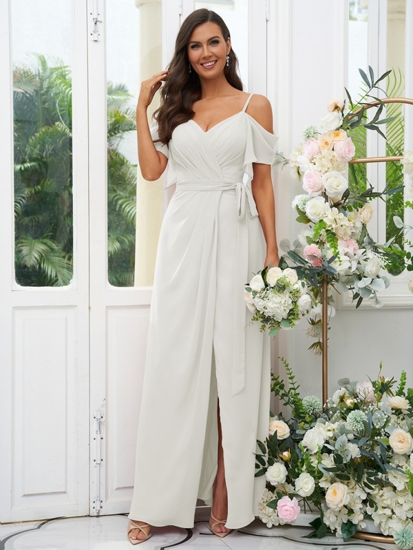 A-Line/Princess Chiffon Ruched V-neck Short Sleeves Floor-Length Bridesmaid Dresses 2171