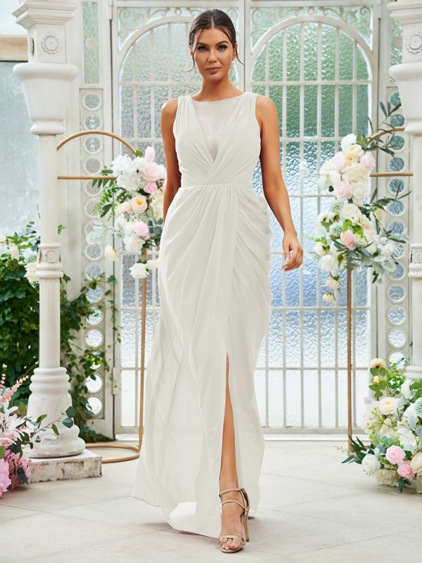 Sheath/Column Chiffon Ruched Scoop Sleeveless Floor-Length Bridesmaid Dresses 2904