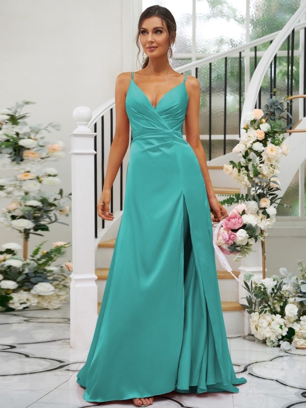 A-Line/Princess Silk like Satin Ruched V-neck Sleeveless Floor-Length Bridesmaid Dresses 2476