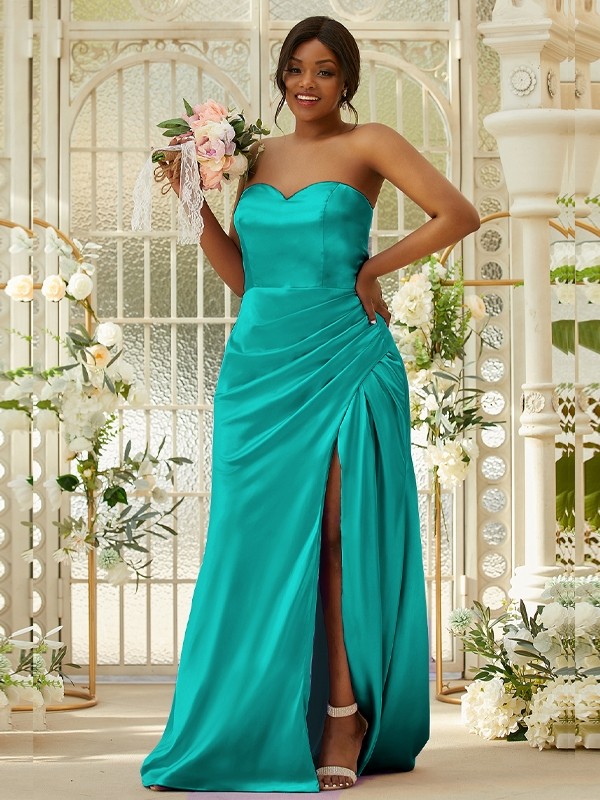 Sheath/Column Silk like Satin Ruched Sweetheart Sleeveless Sweep/Brush Train Bridesmaid Dresses 3079