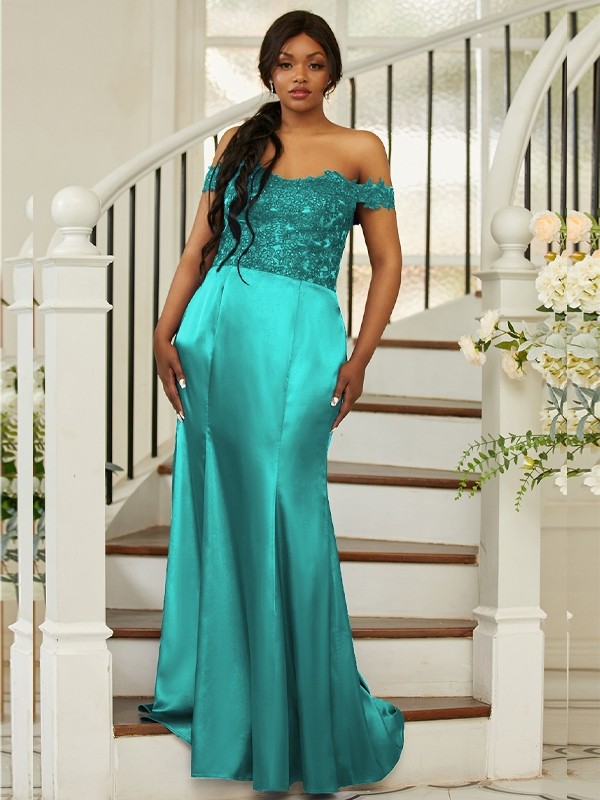 Sheath/Column Silk like Satin Applique Off-the-Shoulder Sleeveless Sweep/Brush Train Bridesmaid Dresses 3051