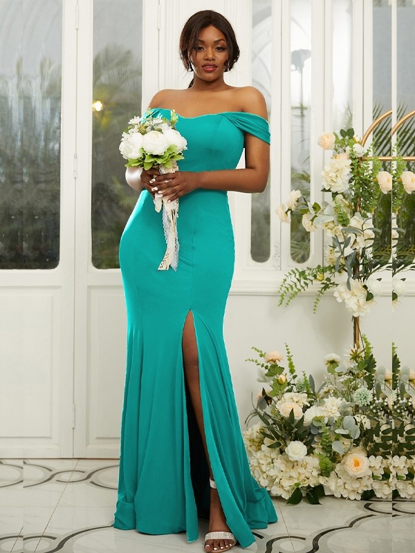 Sheath/Column Jersey Ruffles Off-the-Shoulder Sleeveless Sweep/Brush Train Bridesmaid Dresses 2969