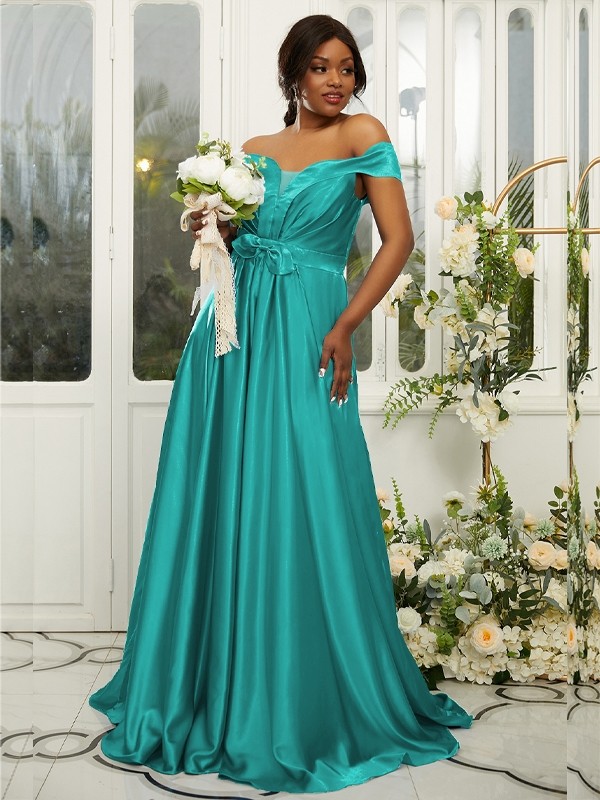 A-Line/Princess Silk like Satin Ruffles Off-the-Shoulder Sleeveless Sweep/Brush Train Bridesmaid Dresses 2482