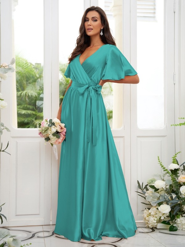 A-Line/Princess Silk like Satin Sash/Ribbon/Belt V-neck Short Sleeves Floor-Length Bridesmaid Dresses 2497