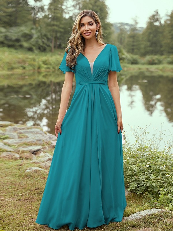 A-Line/Princess Chiffon Ruffles V-neck Short Sleeves Floor-Length Bridesmaid Dresses 2223