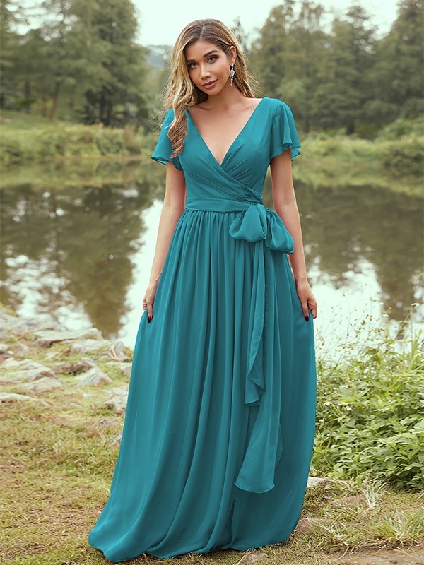 A-Line/Princess Chiffon Ruffles V-neck Short Sleeves Floor-Length Bridesmaid Dresses 2224