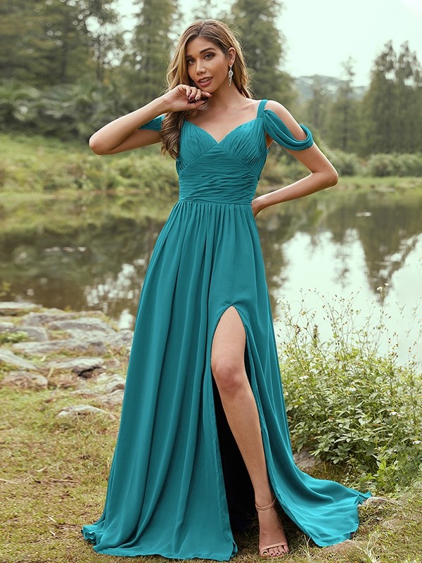 A-Line/Princess Chiffon Ruched V-neck Sleeveless Sweep/Brush Train Bridesmaid Dresses 2189