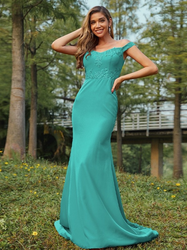 Sheath/Column Jersey Applique Off-the-Shoulder Sleeveless Sweep/Brush Train Bridesmaid Dresses 2954