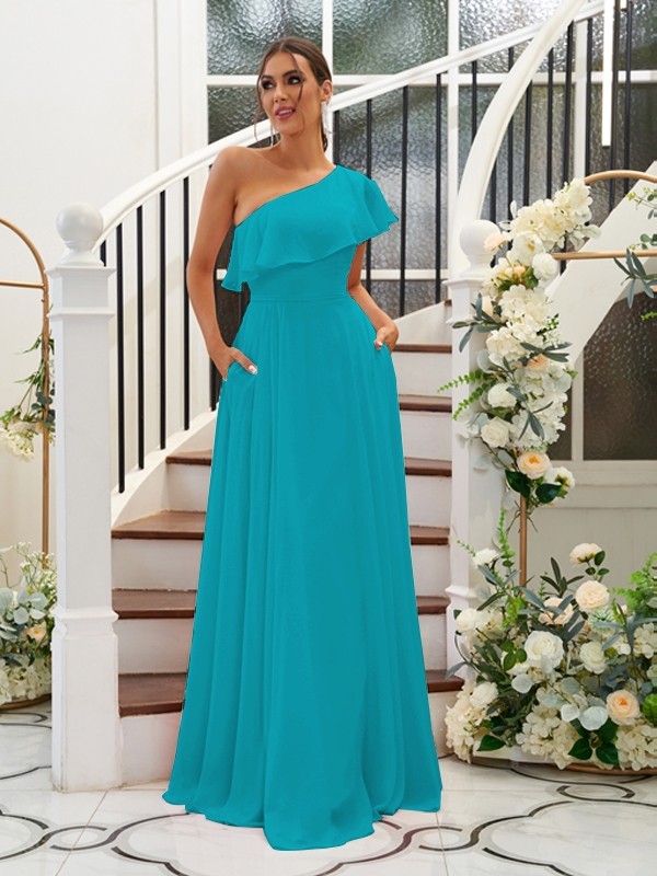 A-Line/Princess Chiffon Ruffles One-Shoulder Sleeveless Floor-Length Bridesmaid Dresses 2205