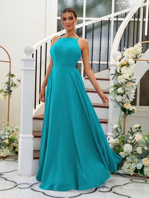 A-Line/Princess Chiffon Ruffles Halter Sleeveless Floor-Length Bridesmaid Dresses 2195