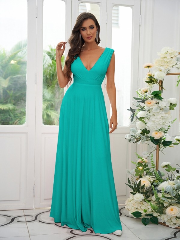 A-Line/Princess Jersey Ruffles V-neck Sleeveless Floor-Length Bridesmaid Dresses 2330