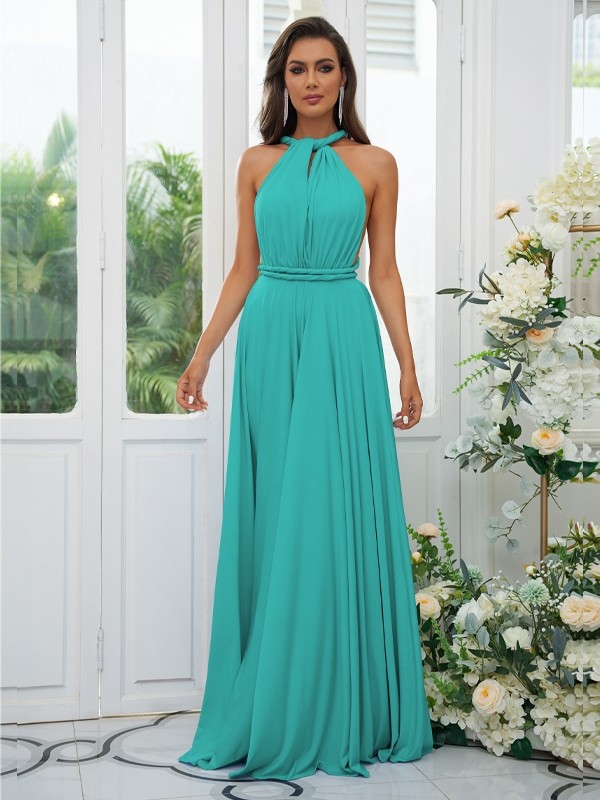 A-Line/Princess Jersey Ruffles Halter Sleeveless Floor-Length Convertible Bridesmaid Dresses 2324