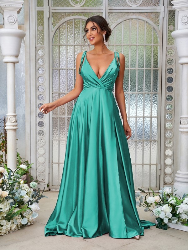 A-Line/Princess Silk like Satin Ruffles V-neck Sleeveless Sweep/Brush Train Bridesmaid Dresses 2494