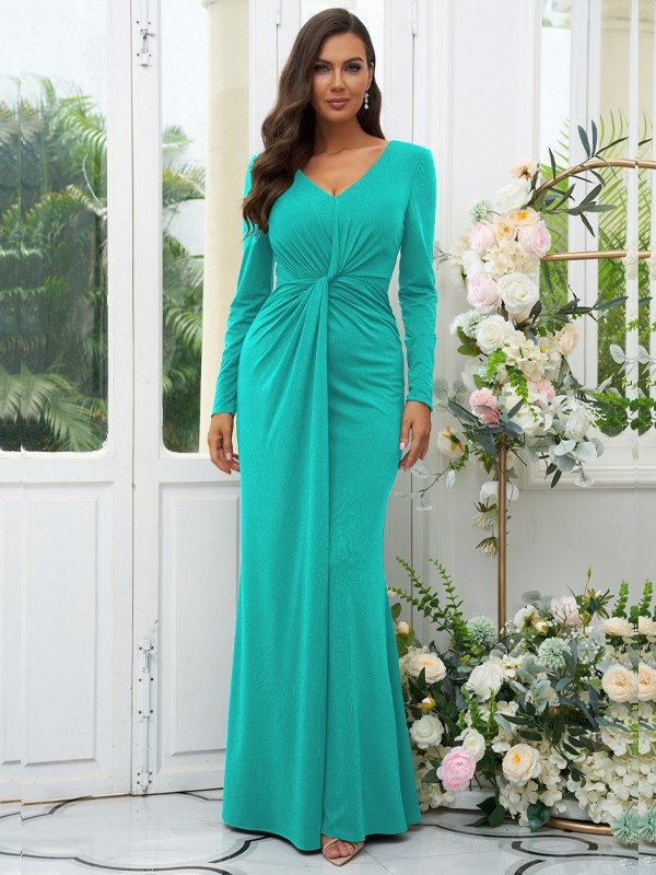 Sheath/Column Jersey Ruched V-neck Long Sleeves Floor-Length Bridesmaid Dresses 2966