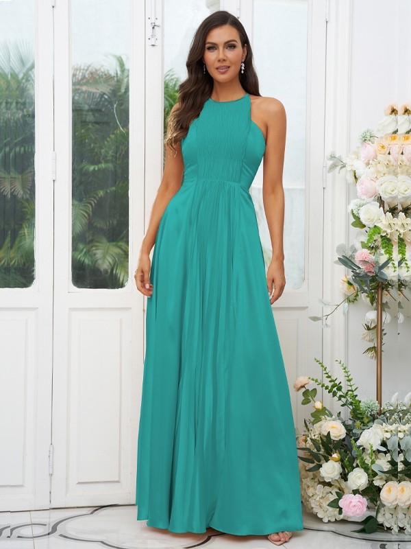 A-Line/Princess Silk like Satin Ruffles Halter Sleeveless Floor-Length Bridesmaid Dresses 2480