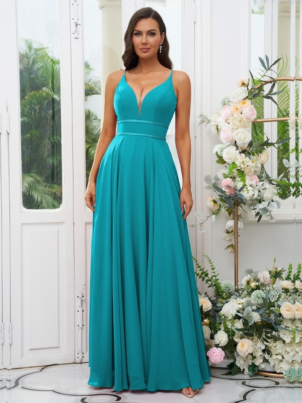 A-Line/Princess Chiffon Ruffles V-neck Sleeveless Floor-Length Bridesmaid Dresses 2239