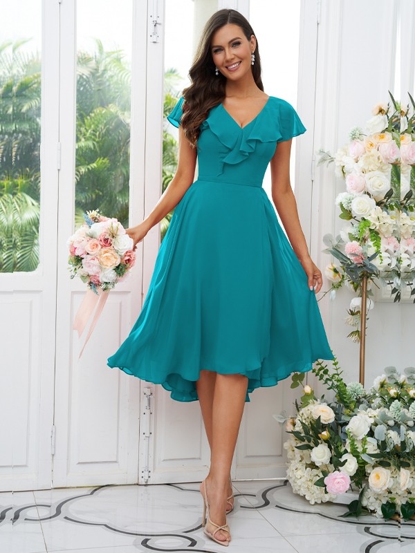 A-Line/Princess Chiffon Ruffles V-neck Short Sleeves Asymmetrical Bridesmaid Dresses 2221