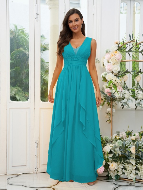 A-Line/Princess Chiffon Ruffles V-neck Sleeveless Floor-Length Bridesmaid Dresses 2240