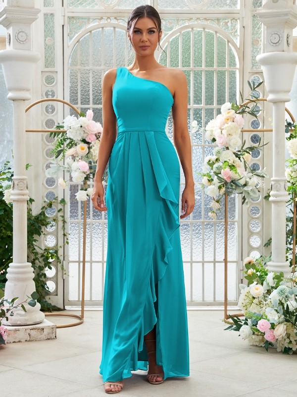 Sheath/Column Chiffon Ruffles One-Shoulder Sleeveless Floor-Length Bridesmaid Dresses 2914