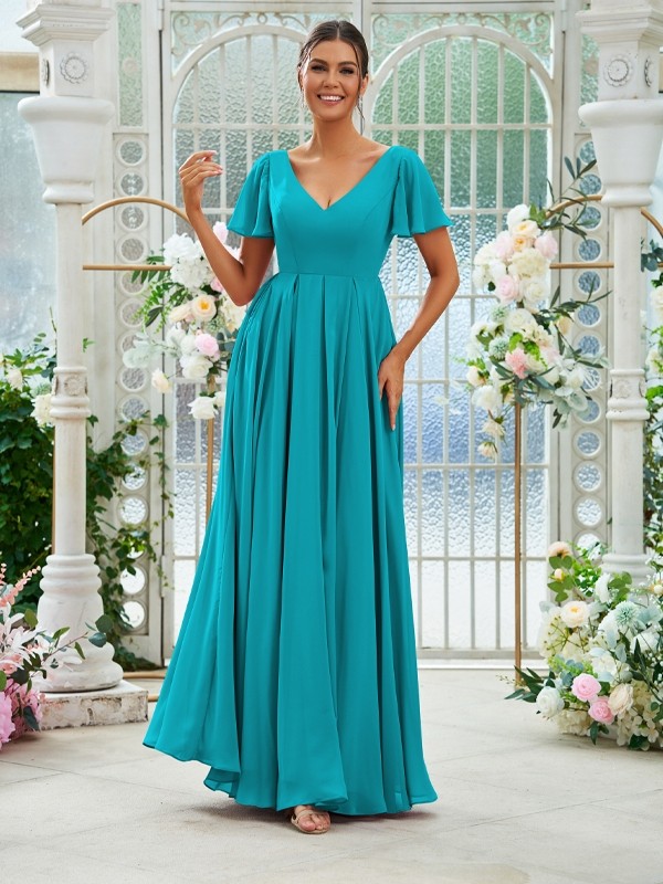 A-Line/Princess Chiffon Ruffles V-neck Short Sleeves Floor-Length Bridesmaid Dresses 2226