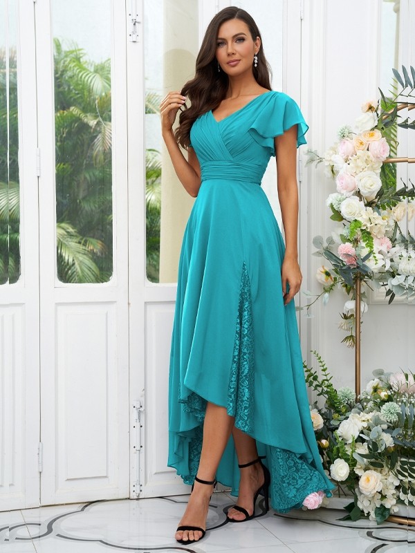 A-Line/Princess Chiffon Lace V-neck Short Sleeves Asymmetrical Bridesmaid Dresses 2151