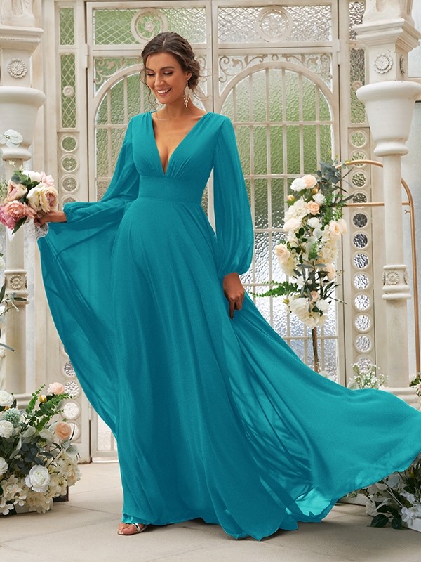 A-Line/Princess Chiffon Ruffles V-neck Long Sleeves Sweep/Brush Train Bridesmaid Dresses 2219